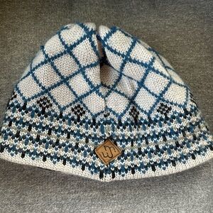 VTG Merkley Beanie Hat Gray Blue Geometric 100% Virgin Wool Canada Vail USA Ski